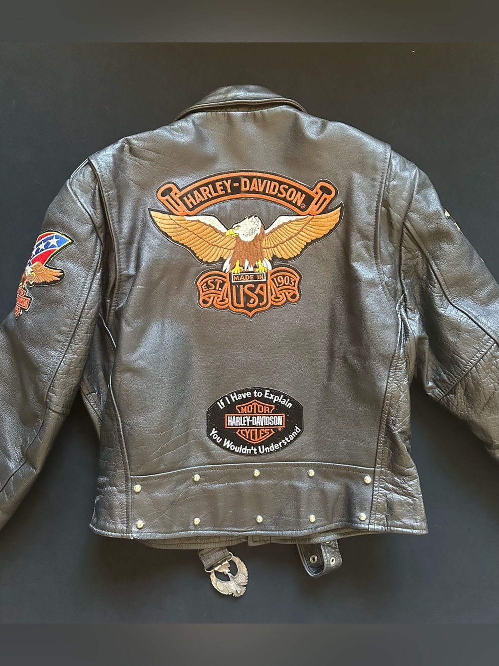 Wilsons Leather Black Harley Davidson Biker Jacket Patch, Buckle Pin Tunsulate L